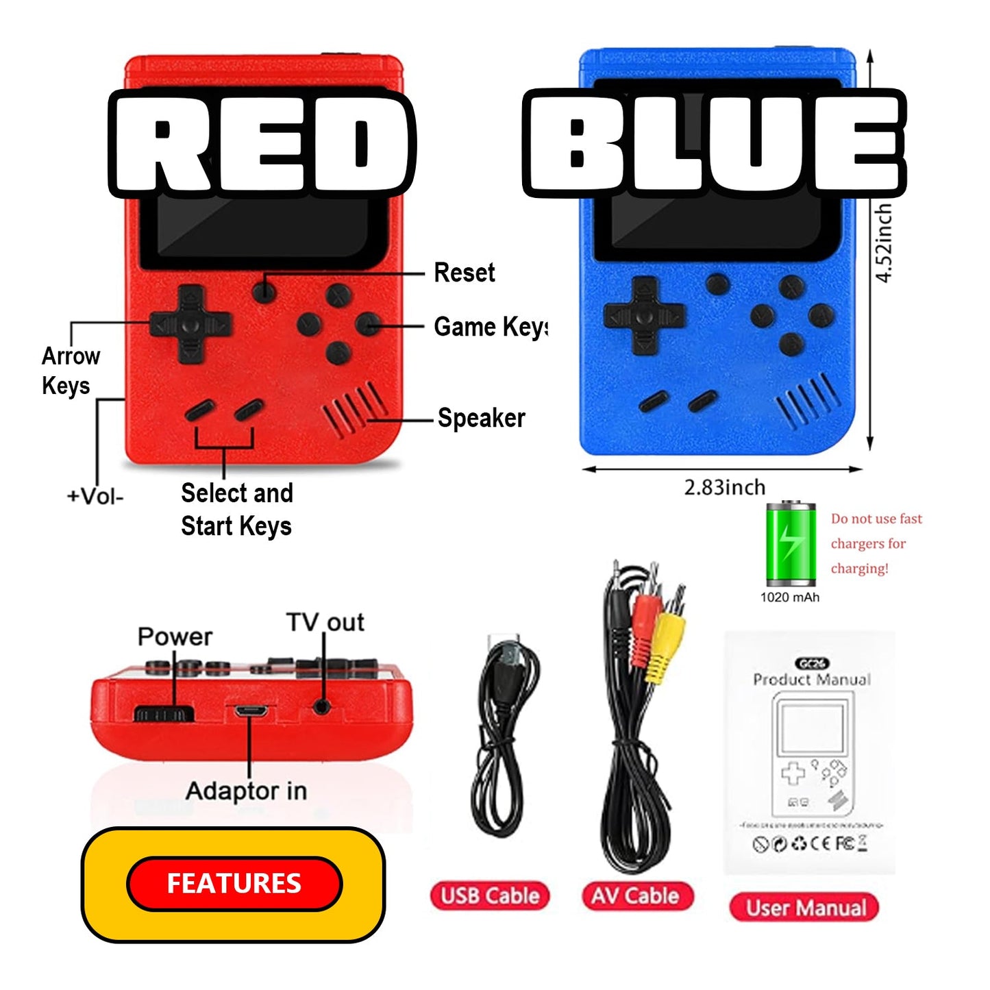 2 Pack Handheld Games for Kids Console 400 Retro Video Games, Portable Gaming Player Mini Arcade Electronic Toy Gifts for Boys Girls 2 Pack